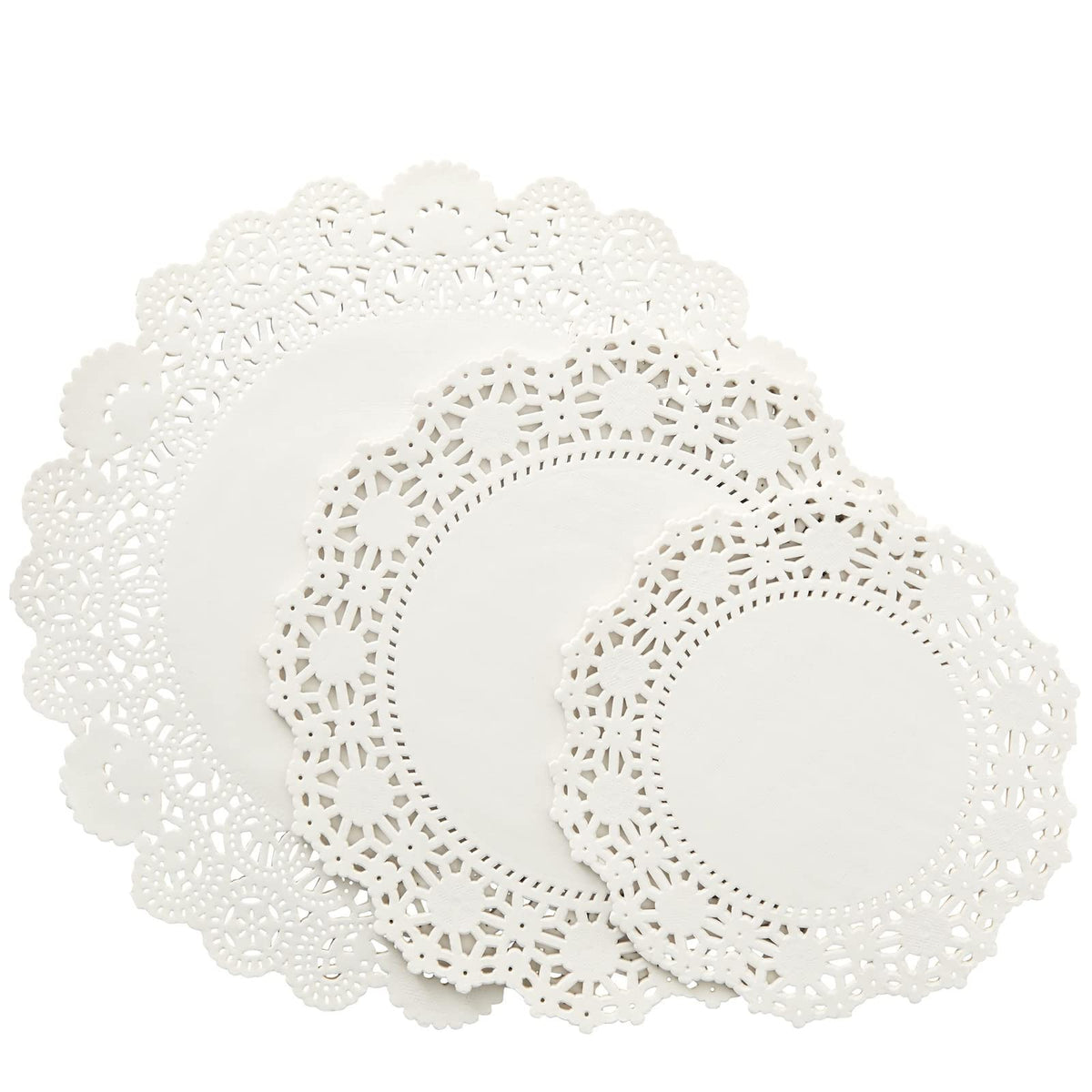 Juvale round lace doilies in 6.5 inches for elegant table decor and dessert plating.