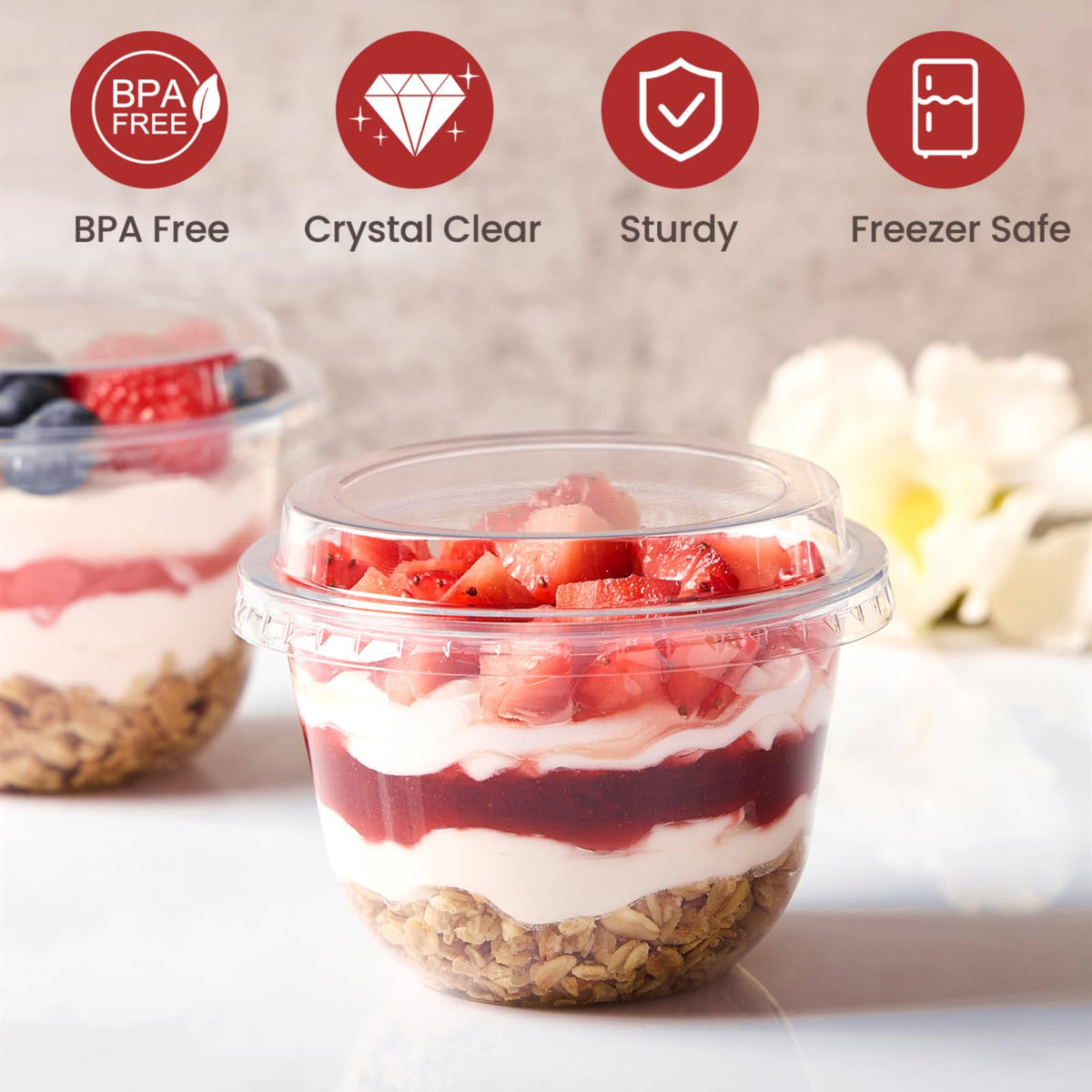 Jycnolm stackable cups save space in fridge and on prep tables.