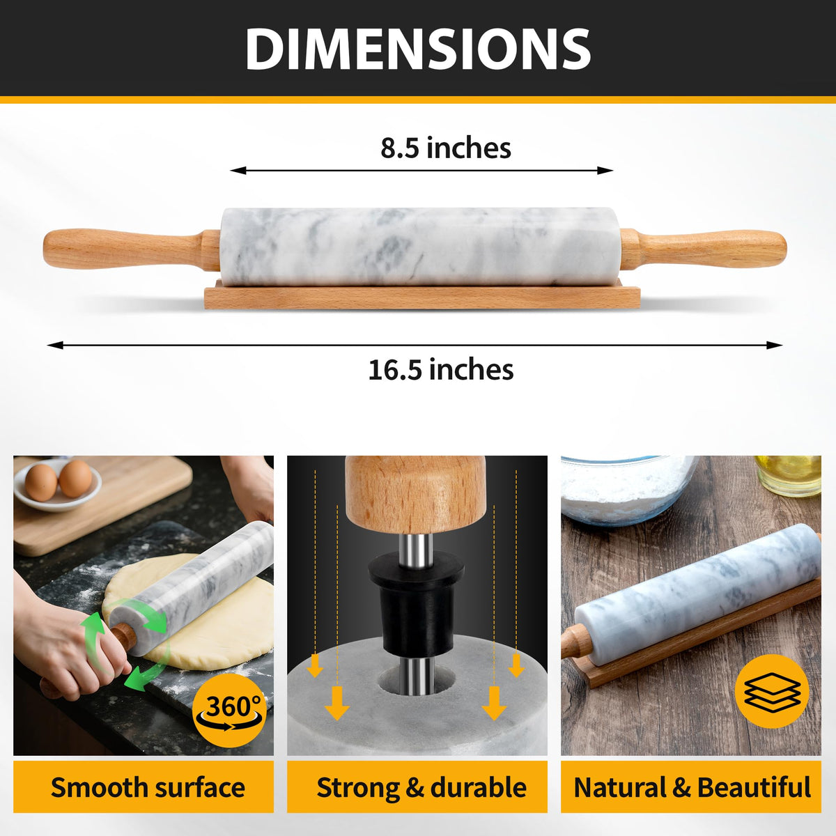 KAFOOR rolling pin shows a smooth surface reducing sticking and flour mess