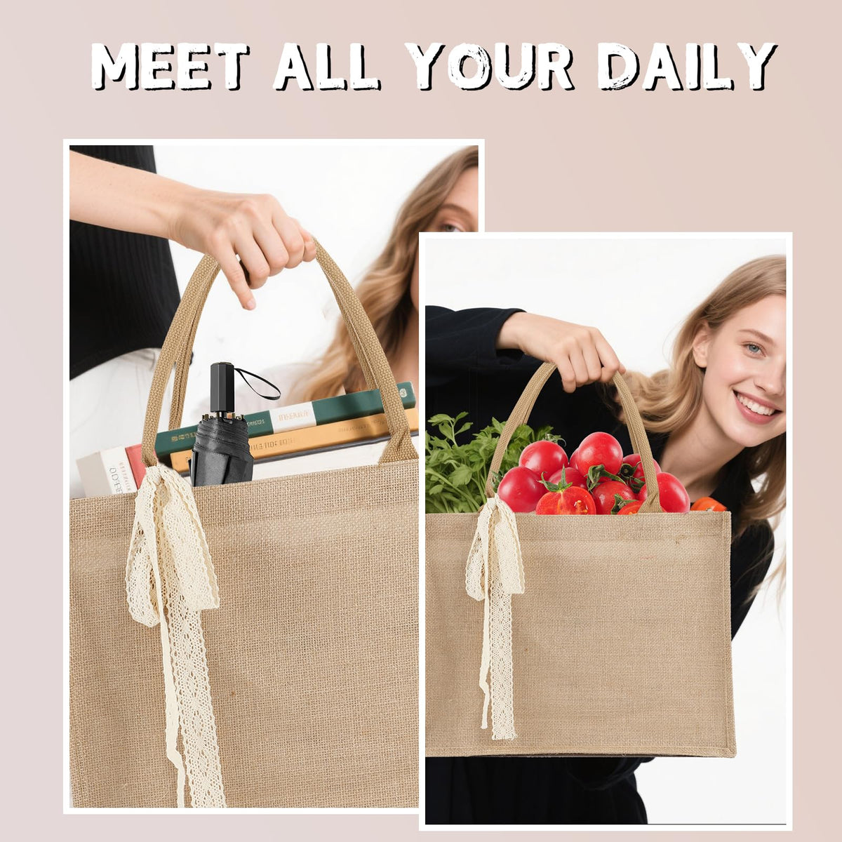 Karinoos burlap tote with soft cotton handles for comfortable carry