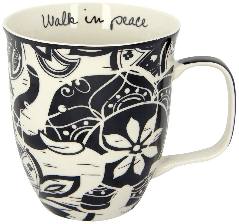 Karma mug with black-and-white boho elephant design, ideal for daily coffee.