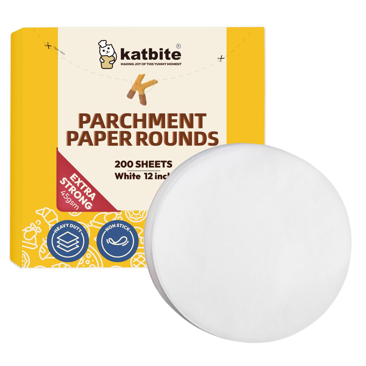 Katbite 12-inch parchment rounds in packaging box for easy storage and quick access.