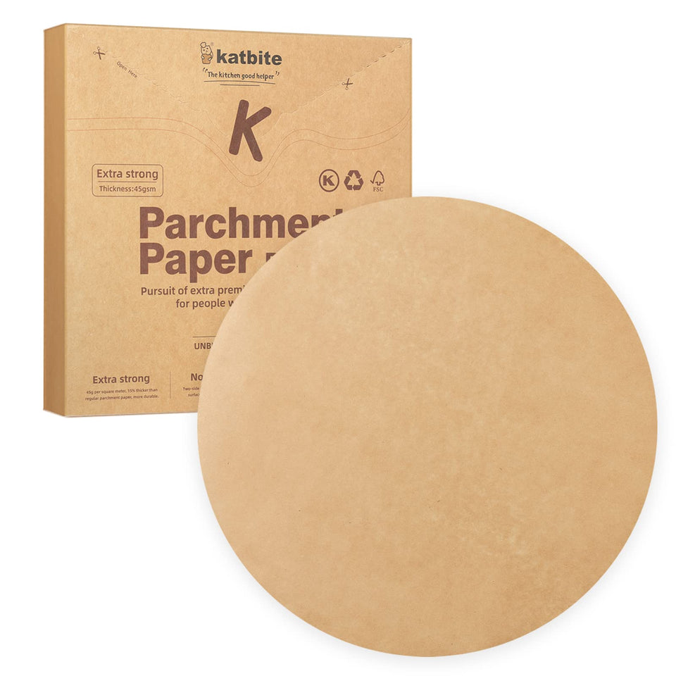 Katbite 9-inch parchment rounds for clean release and sturdy baking.