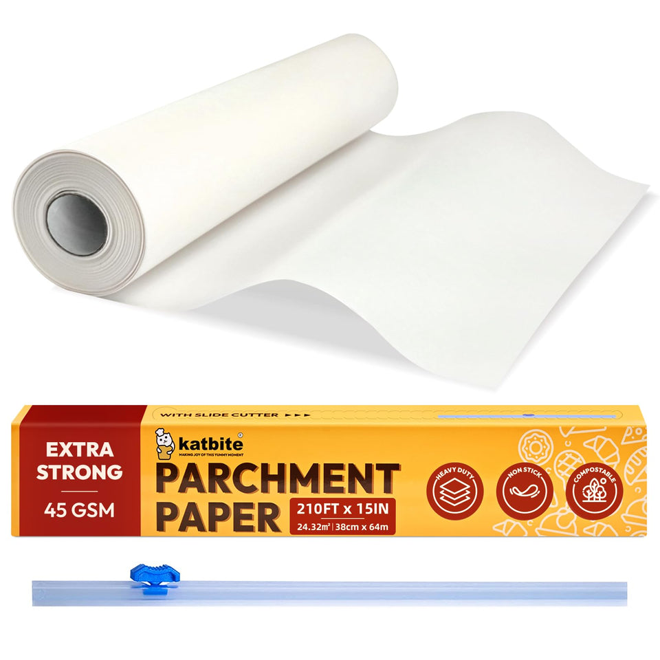 Katbite heavy-duty parchment paper roll with slide cutter for easy cutting and non-stick baking.