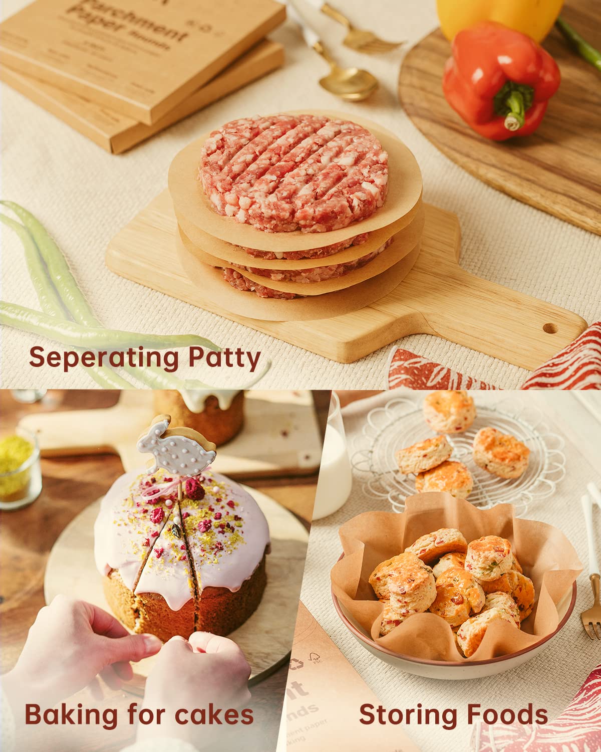 Katbite parchment rounds are versatile for separating patties, freezing, and wrapping foods.