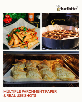 Katbite oven-safe parchment paper usable up to 425°F in ovens and air fryers.