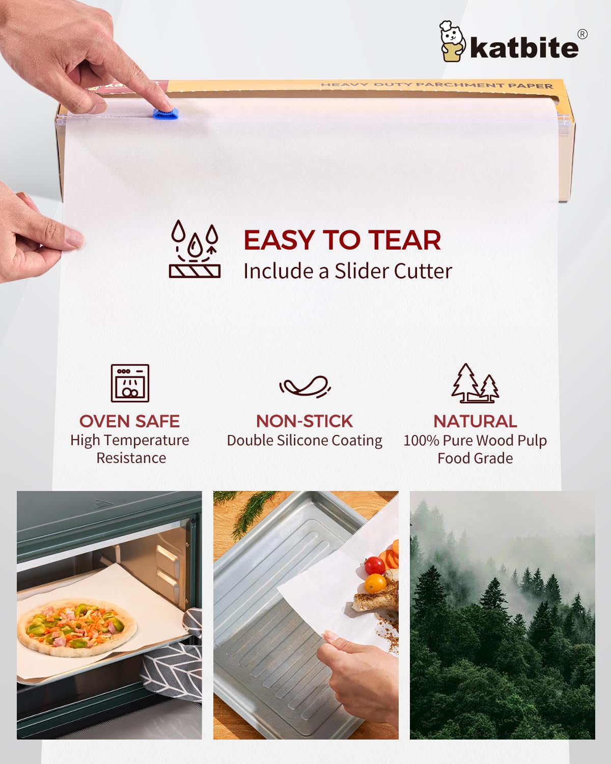Katbite parchment roll provides 164 ft length and 205 sq ft area for extended baking.