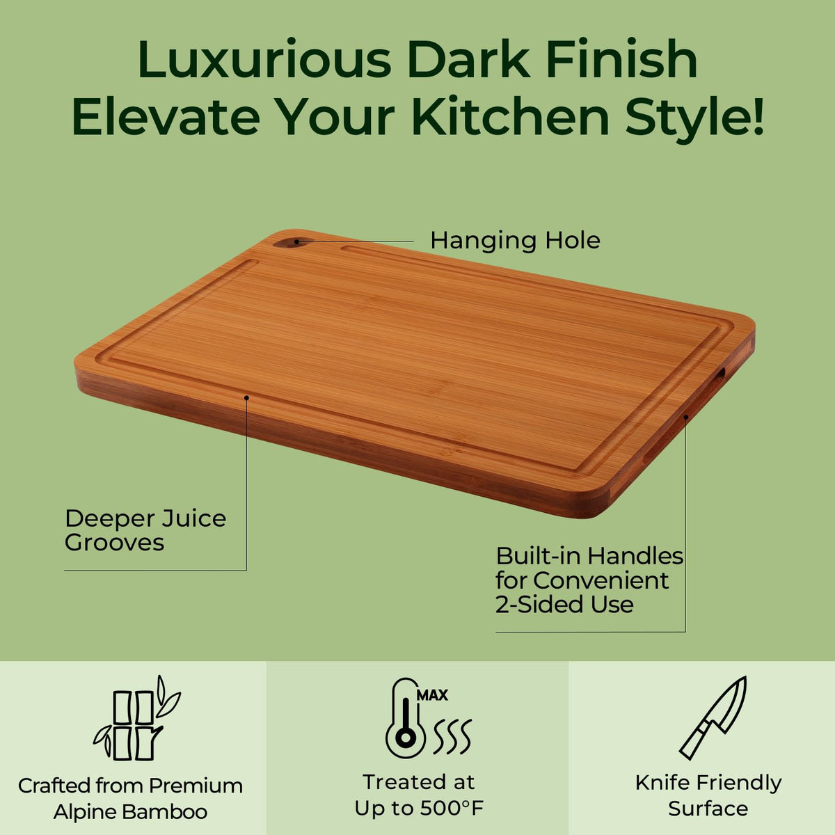Keechee board with juice groove capturing liquids during meat and veggie prep.