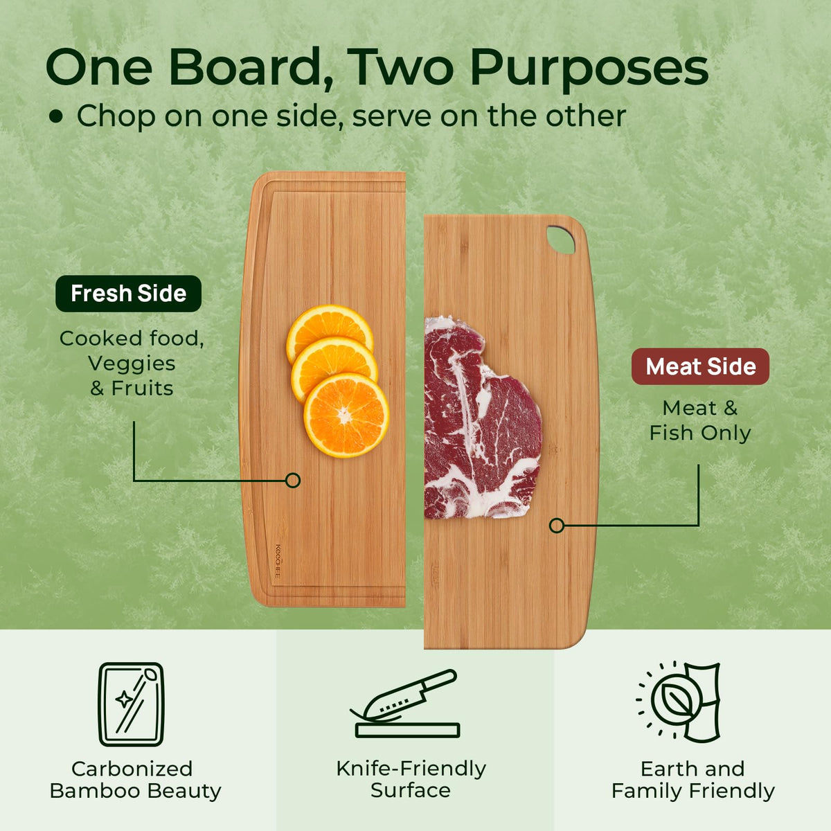 Keechee bamboo board suitable for prep with a compact, durable surface.