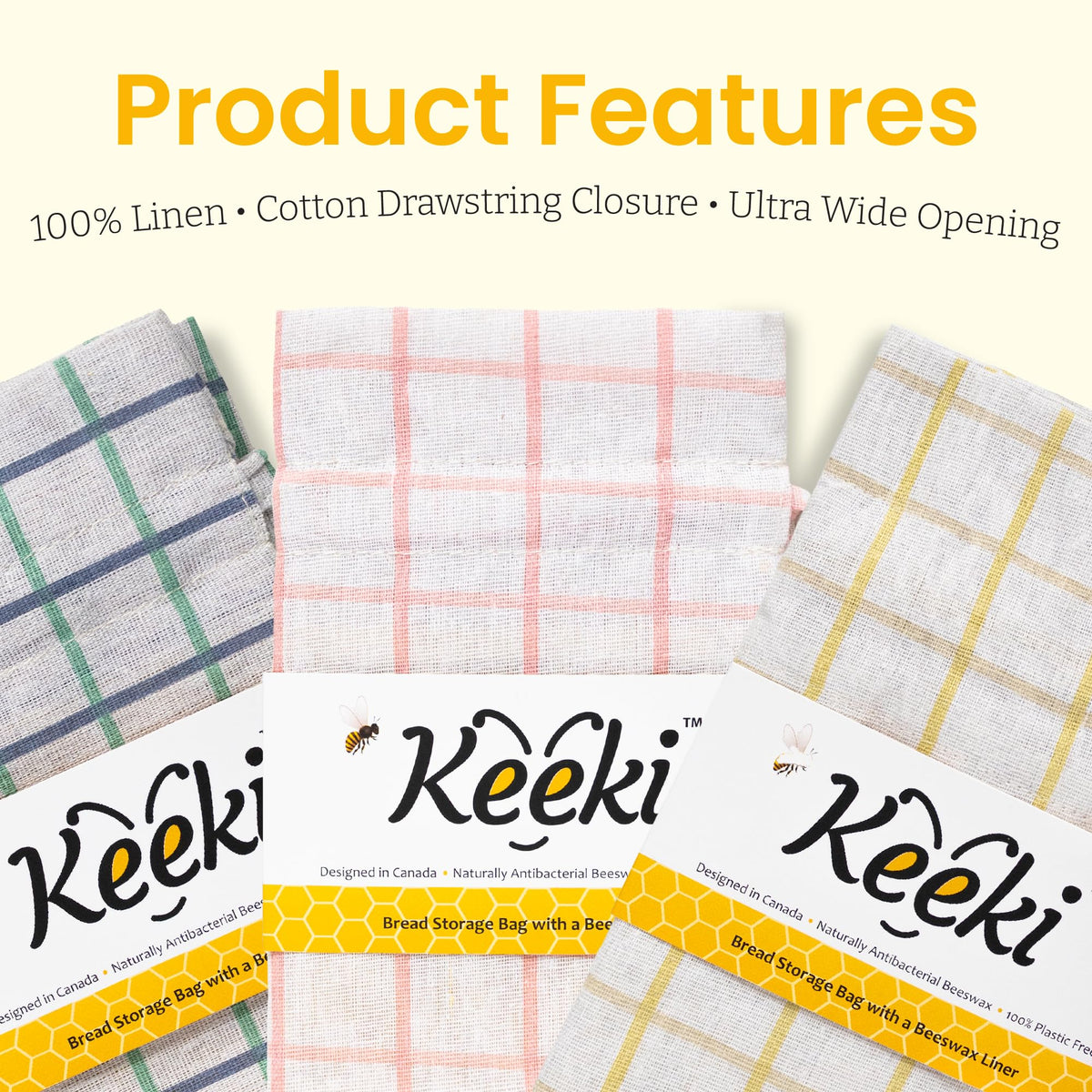 Keeki Bag baguette with drawstring for flexible long-loaf storage.