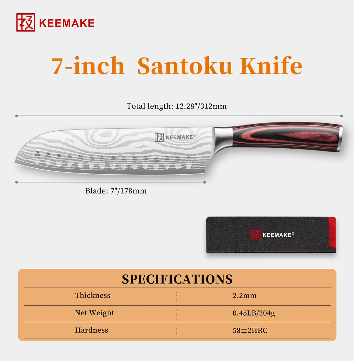 KEEMAKE 7inch Santoku with ergonomic grip ensures control when wet.