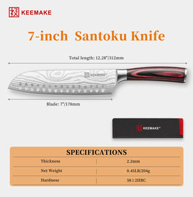 KEEMAKE 7inch Santoku with ergonomic grip ensures control when wet.