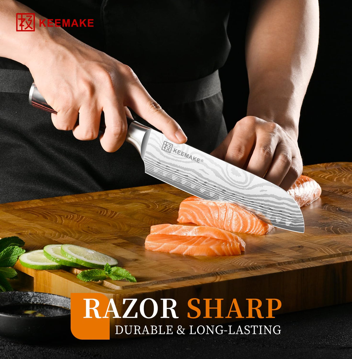 KEEMAKE 7inch Santoku with ergonomic handle for comfortable, precise chopping.