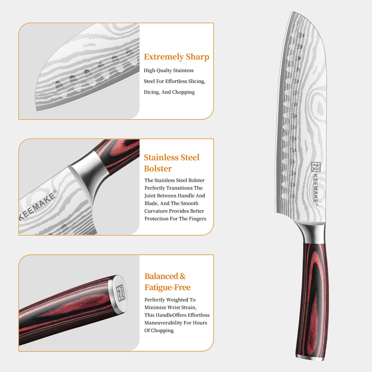 KEEMAKE 7inch wave-pattern blade reduces sticking during prep.