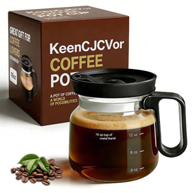 KeenCJCVor 16oz glass mini coffee pot mug front view, spill-proof lid for travel
