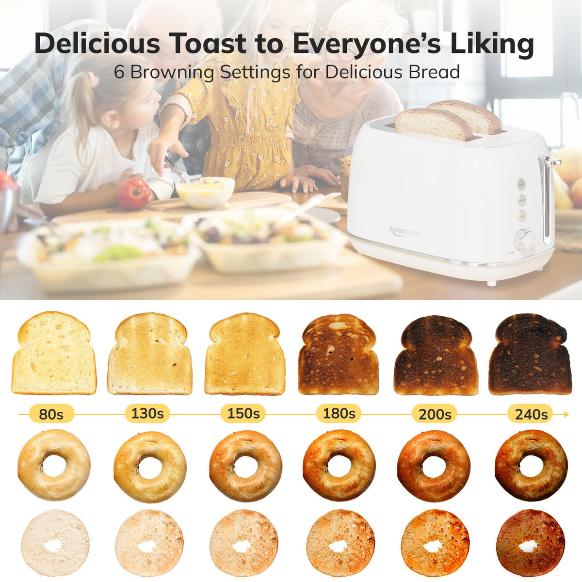 Keenstone defrost function evenly warms frozen bread for quick toast.