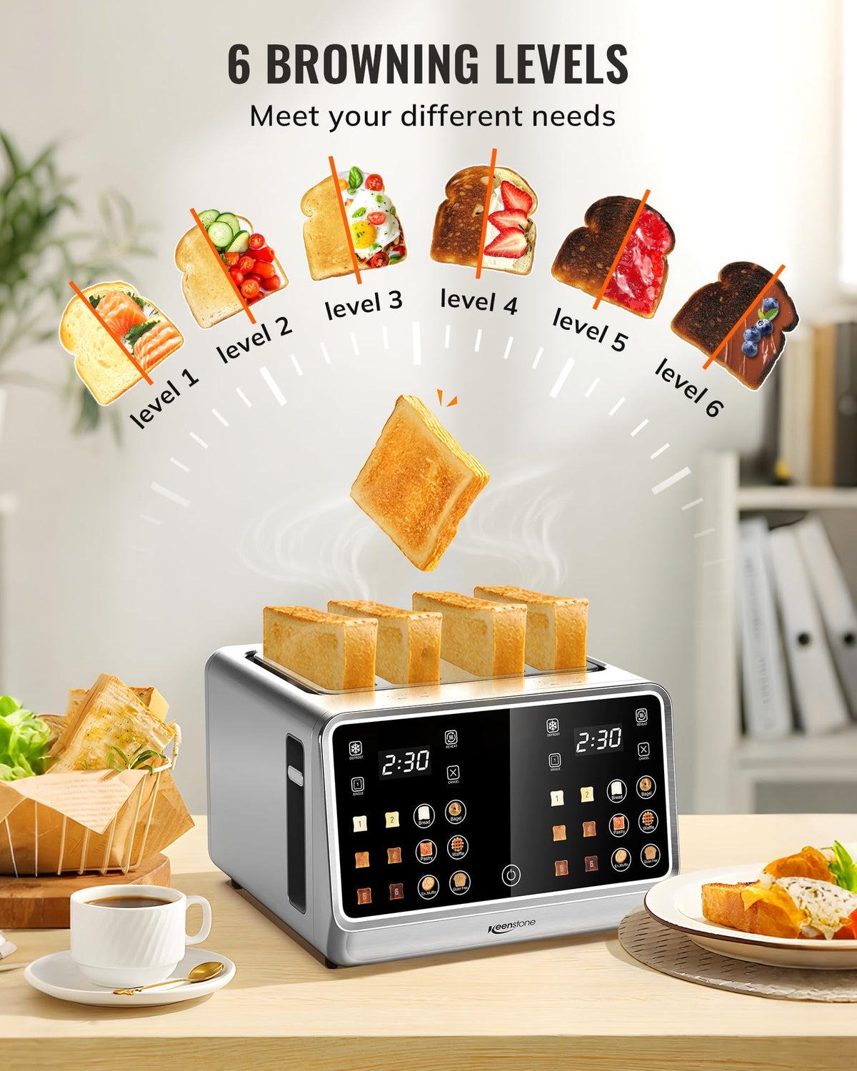 Keenstone toaster DualZone control enables independent browning on each side for mixed breakfasts.