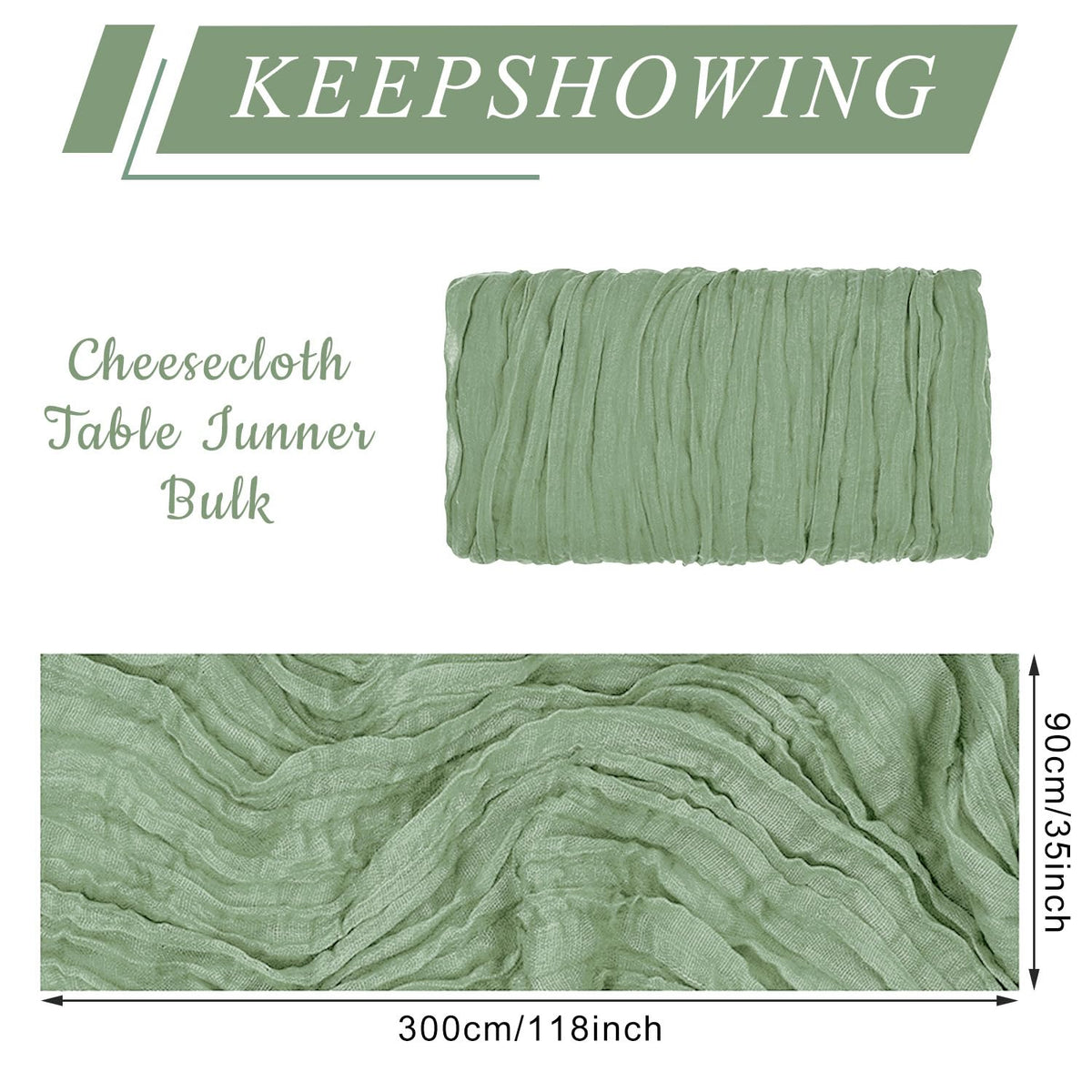 Keepshowing sage green cheesecloth table runner enhances boho wedding decor.