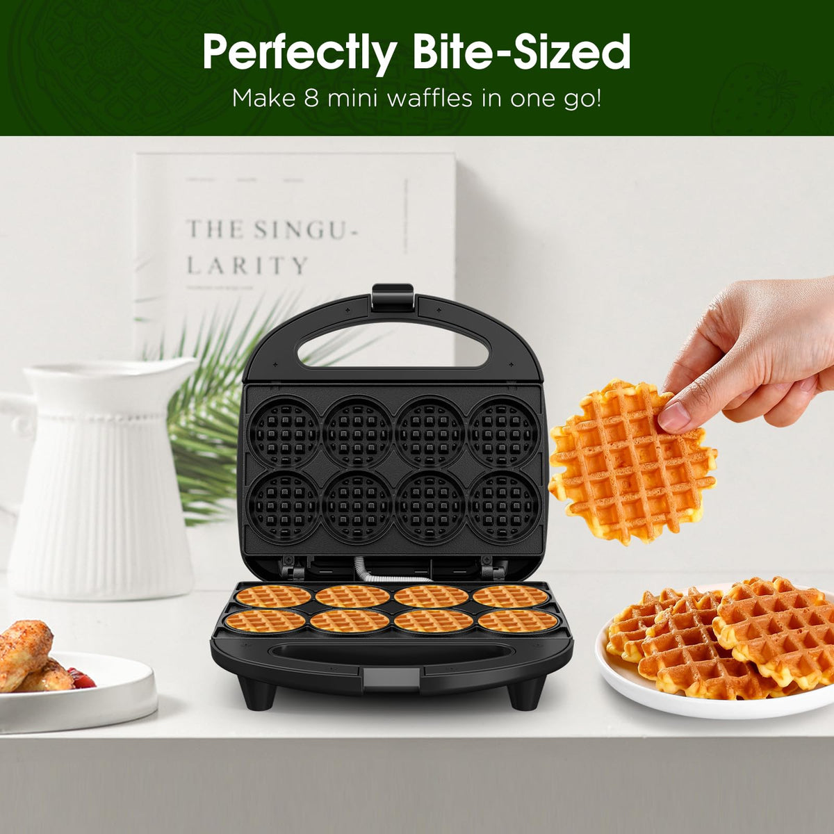 KEINVE mini waffle maker yields 8 bite-size waffles for family meals.