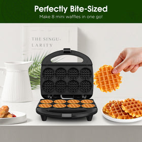 KEINVE mini waffle maker yields 8 bite-size waffles for family meals.