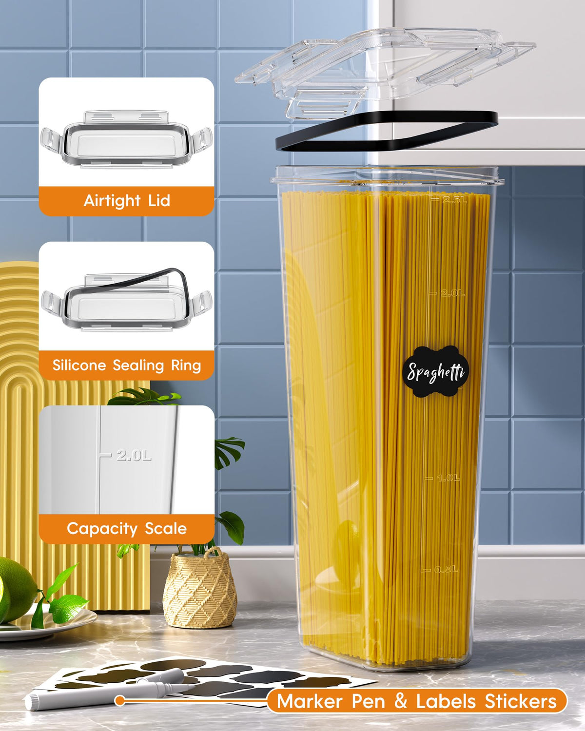 Kemethy tall 2.5qt container for large dry goods like pasta.