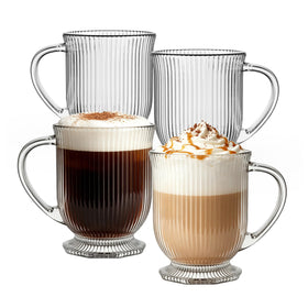 KEMORELA 16oz glass mugs set of 4 with ribbed design for stylish servings.
