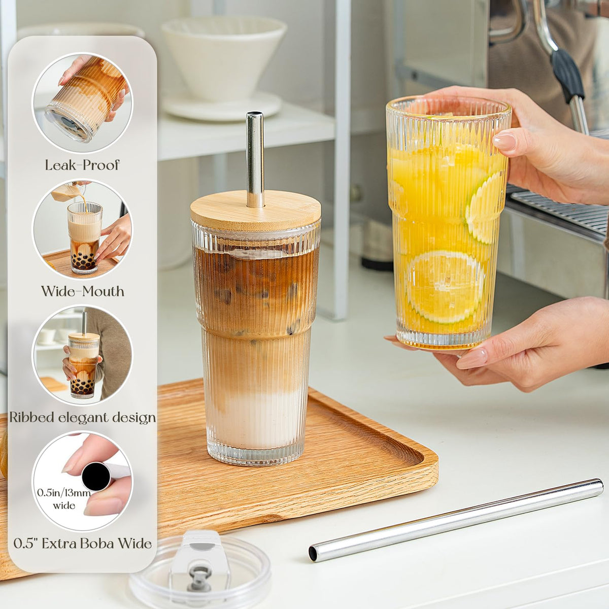 KEMORELA 20oz ribbed glass with leak-proof lid for spill-safe use.