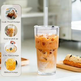 KEMORELA 20 oz tumbler set on counter with lids and straws for iced tea