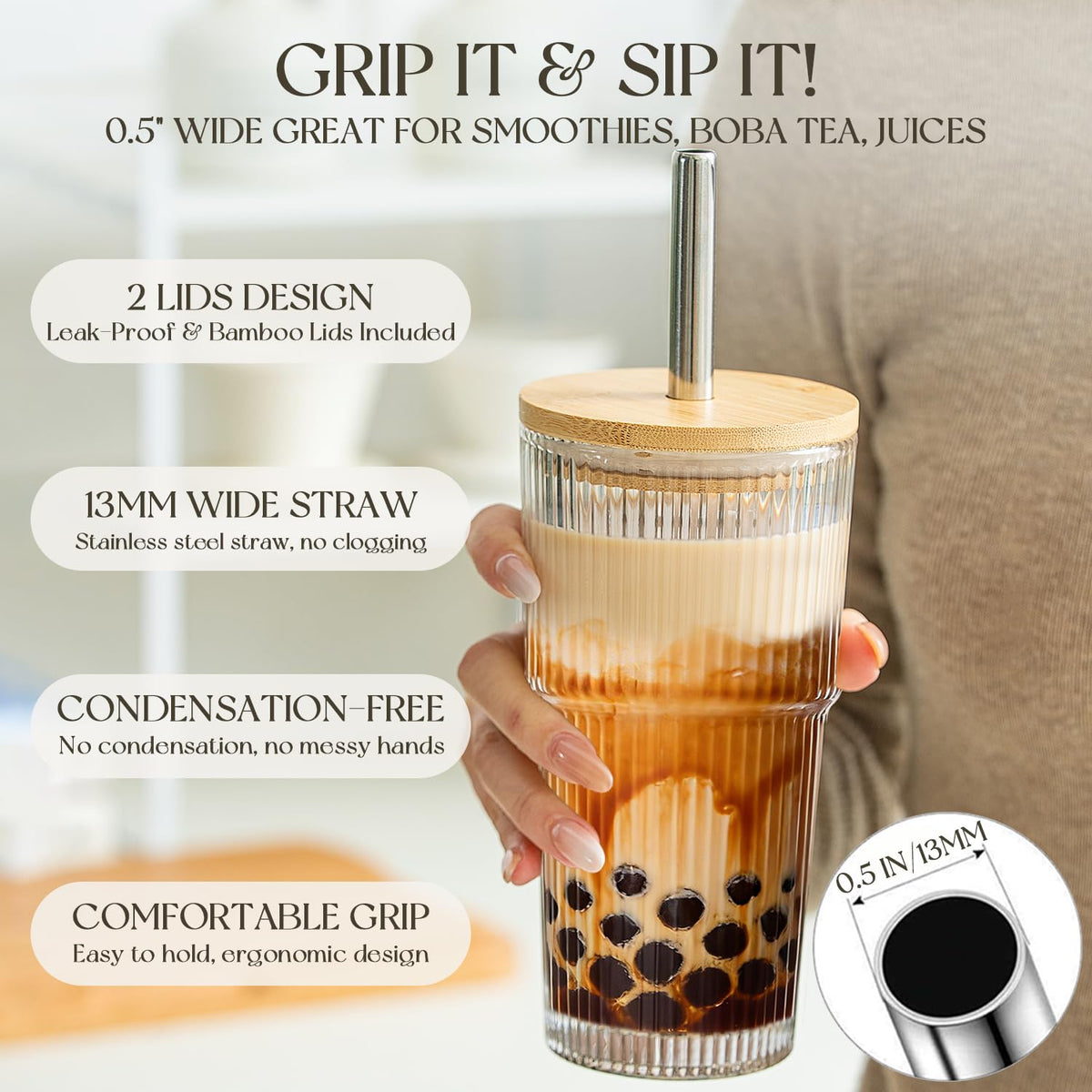 KEMORELA tumbler for iced coffee, boba tea, or smoothies in any setting.
