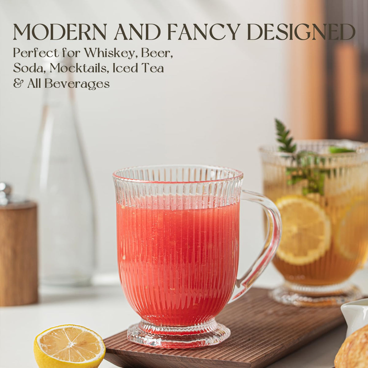 KEMORELA ribbed-design glass mug with large handle ideal for easy gripping.