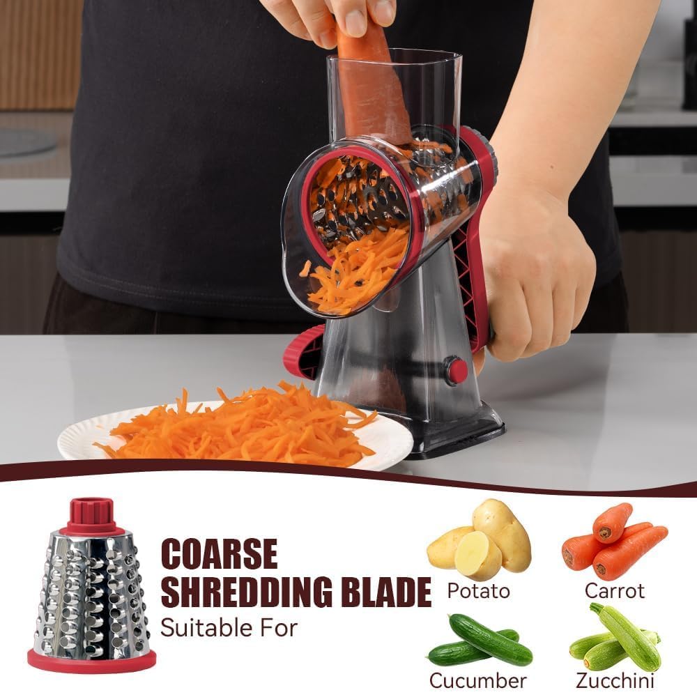 KEOUKE Rotary Cheese Grater Pro 6 in 1 feeding port emphasizes finger-safe operation.