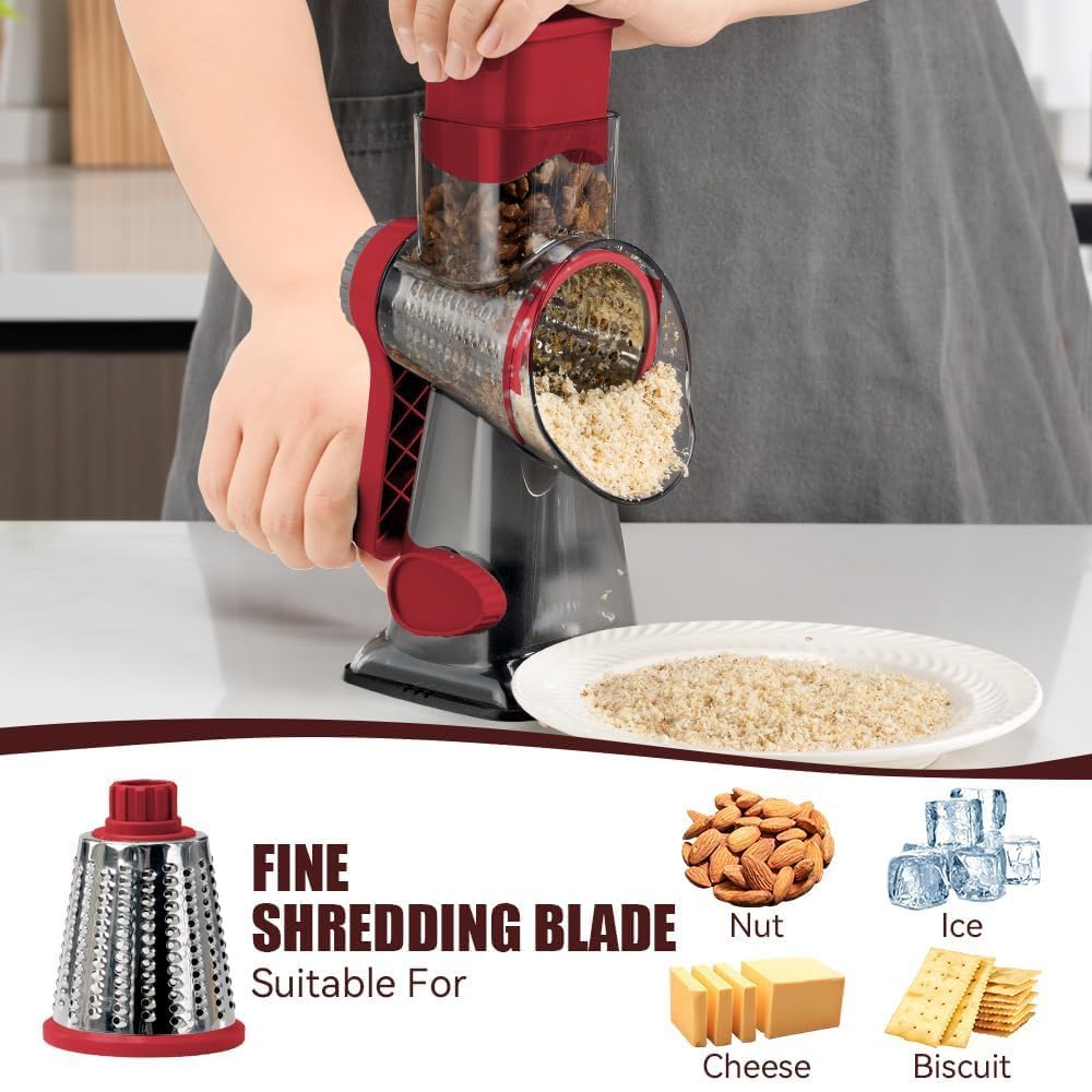 KEOUKE Rotary Cheese Grater Pro 6 in 1 interchangeable blades enable julienne, crinkle, slicing, and grinding.