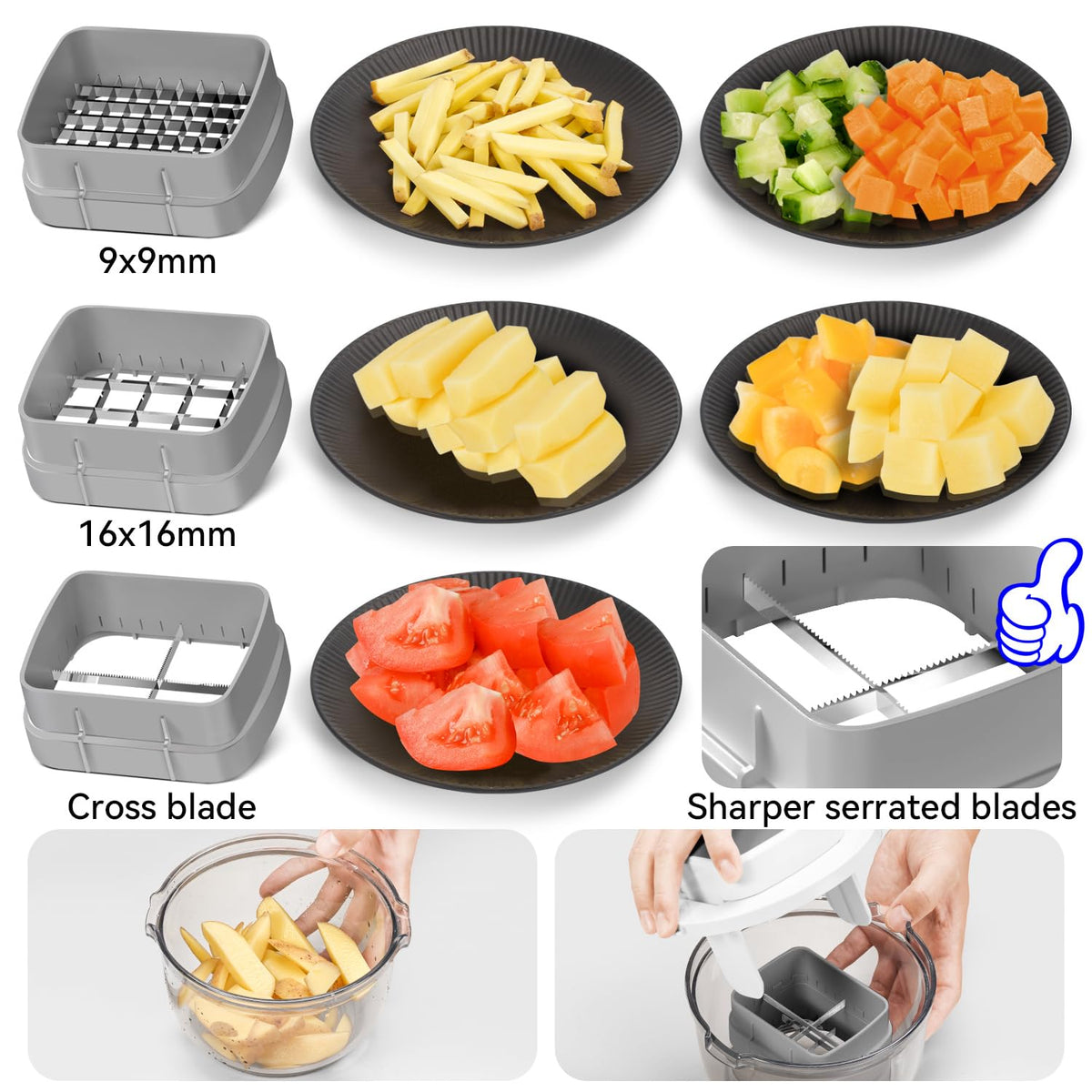 KEOUKE three-blade system with evenly sized cuts for onions and potatoes.