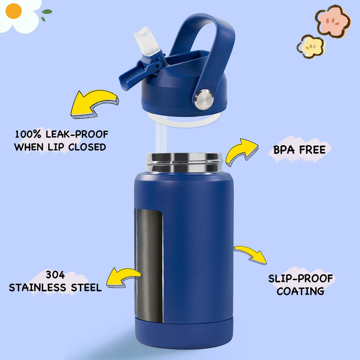 Kerilyn 12oz kids bottle easy-carry lid supports hands-free hydration anywhere.