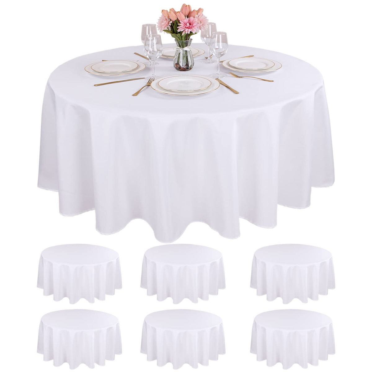 Kesfey six-pack white round tablecloths, 90 inches, flatlay for a clean event look.