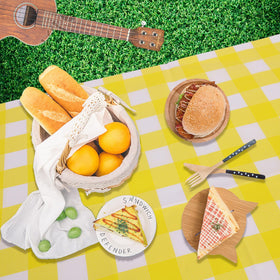 Kesfey yellow gingham rectangle tablecover, simple cleanup after events.