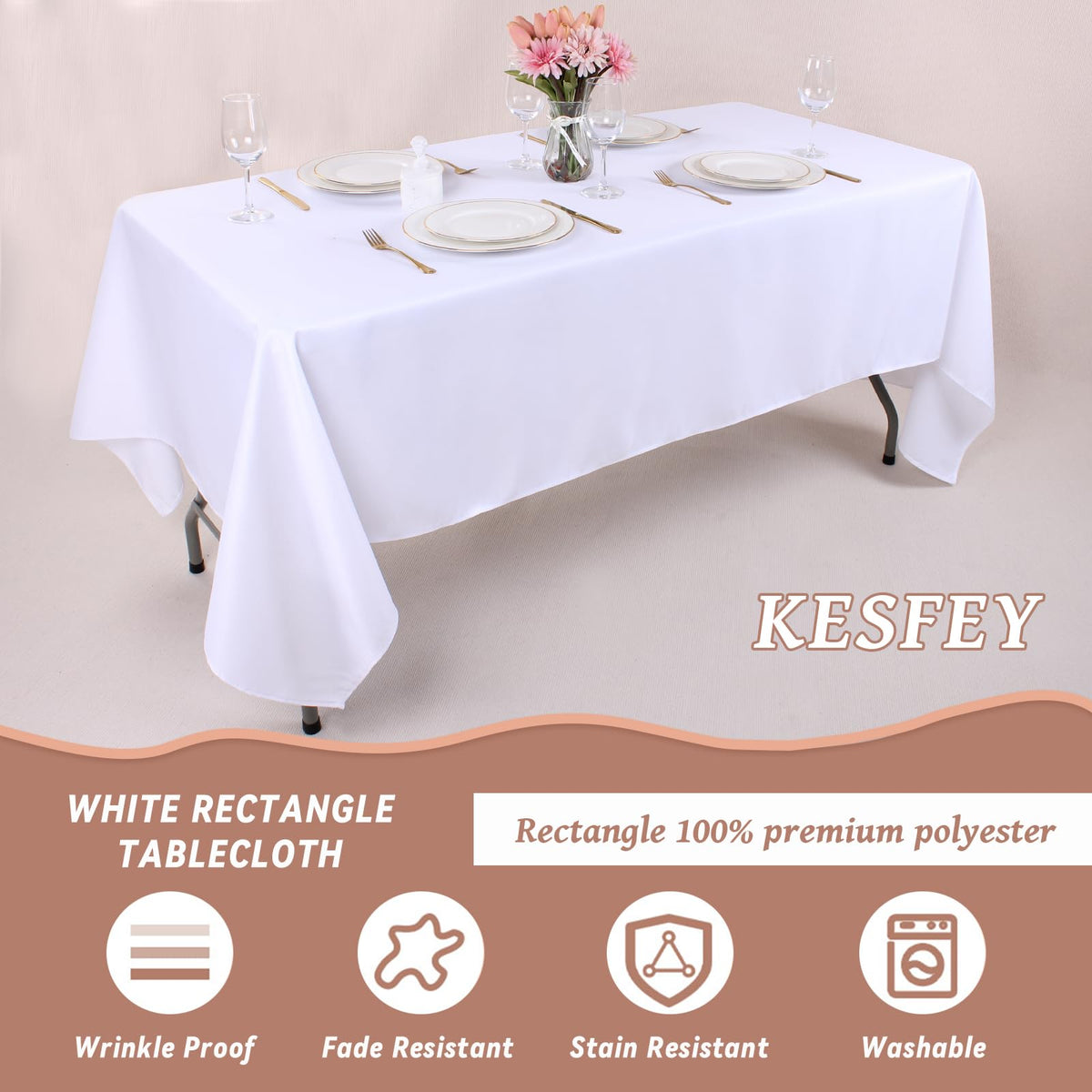 Kesfey tablecloth demonstrating wrinkle resistance with crisp drape.