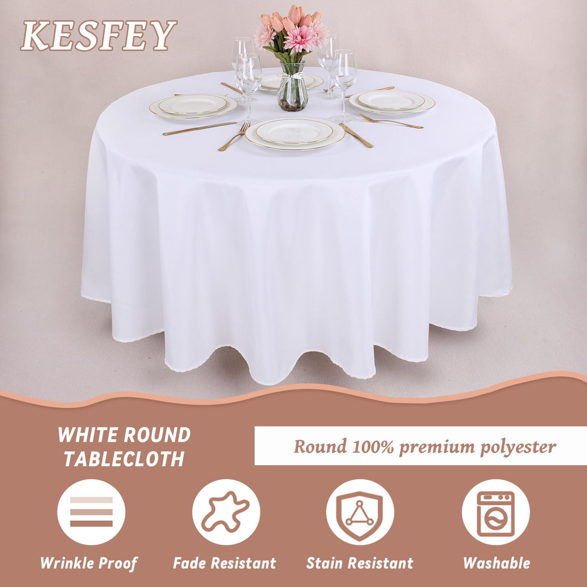 Kesfey white tablecloth resists stains to keep surfaces pristine.