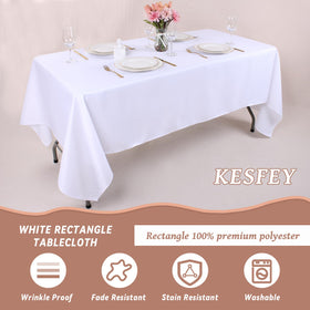 Kesfey white tablecloth on a wedding banquet table for elegant decor.