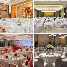 Kesfey white wedding banquet tablecloth setup for elegant events.