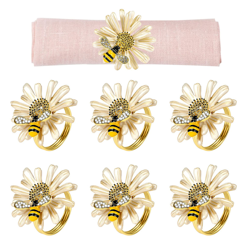 Kesote daisies and gold bee napkin ring set enhances formal table decor