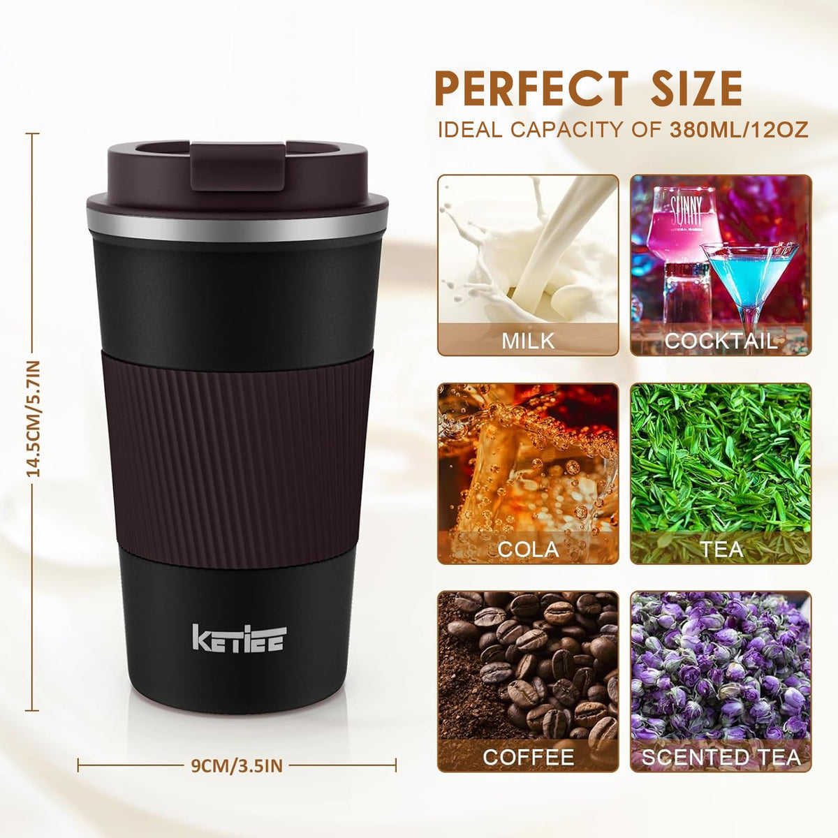 KETIEE Travel Mug fits most cupholders with anti-slip base for easy grabbing.
