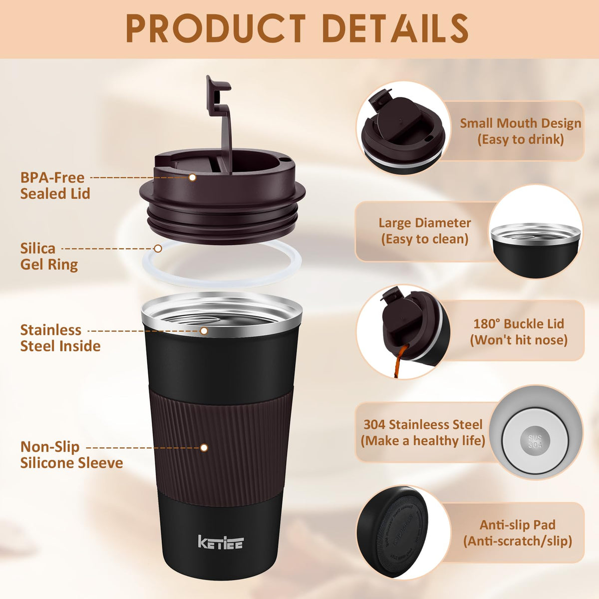 KETIEE Travel Mug keeps hot drinks warm during a morning commute.