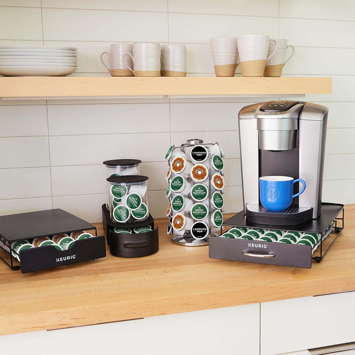 Countertop organization with a Keurig pod storage carousel