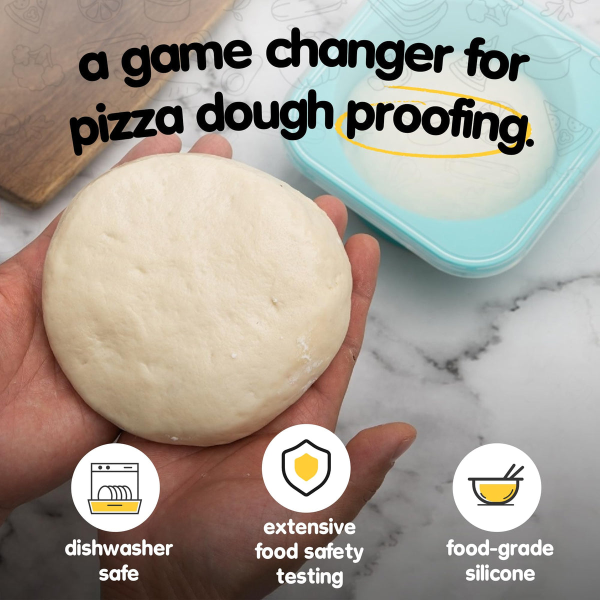 KEVJES 300g dough ball fits into 1000ml proofing container for 12–16 inch crusts.