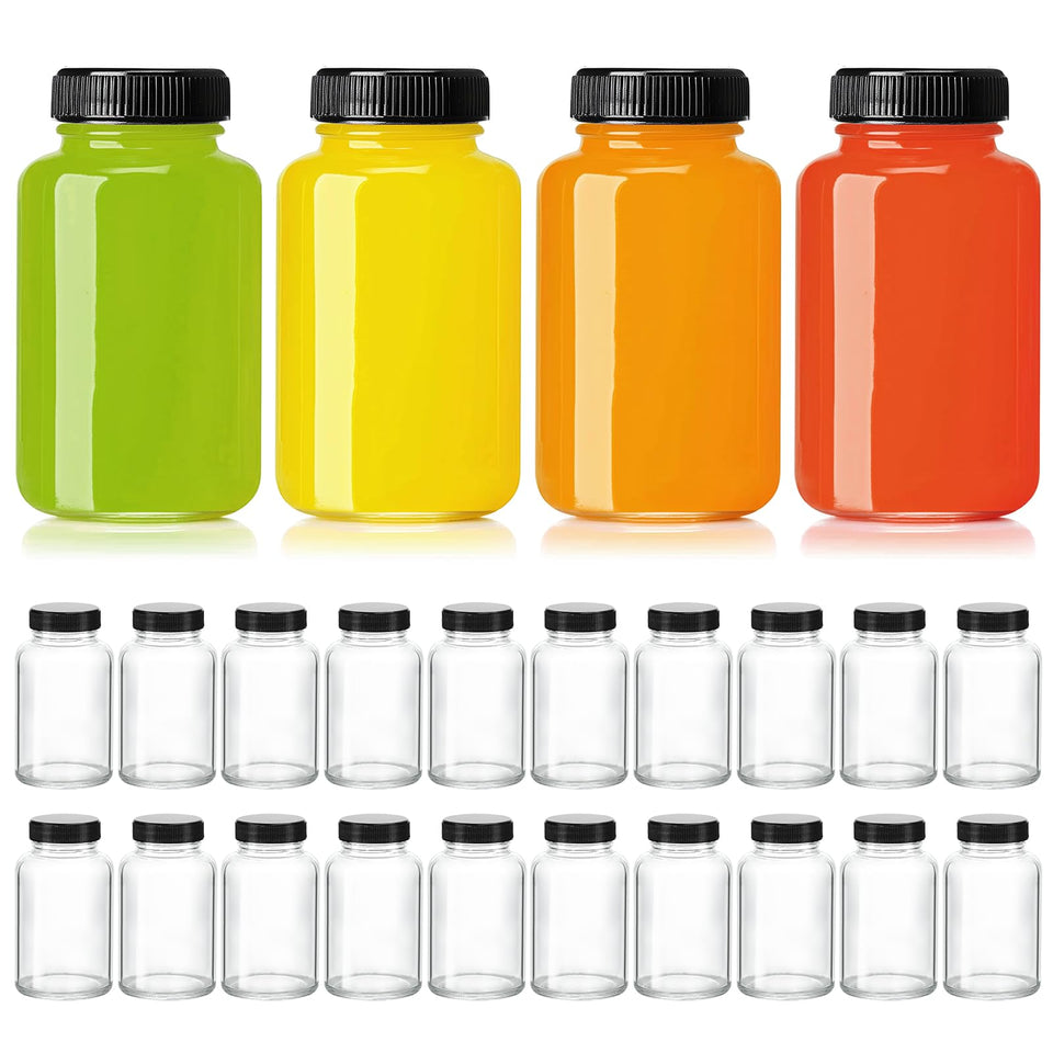 KeyWING 24-pack 4oz juice shot bottles for home, travel, and pantry storage.