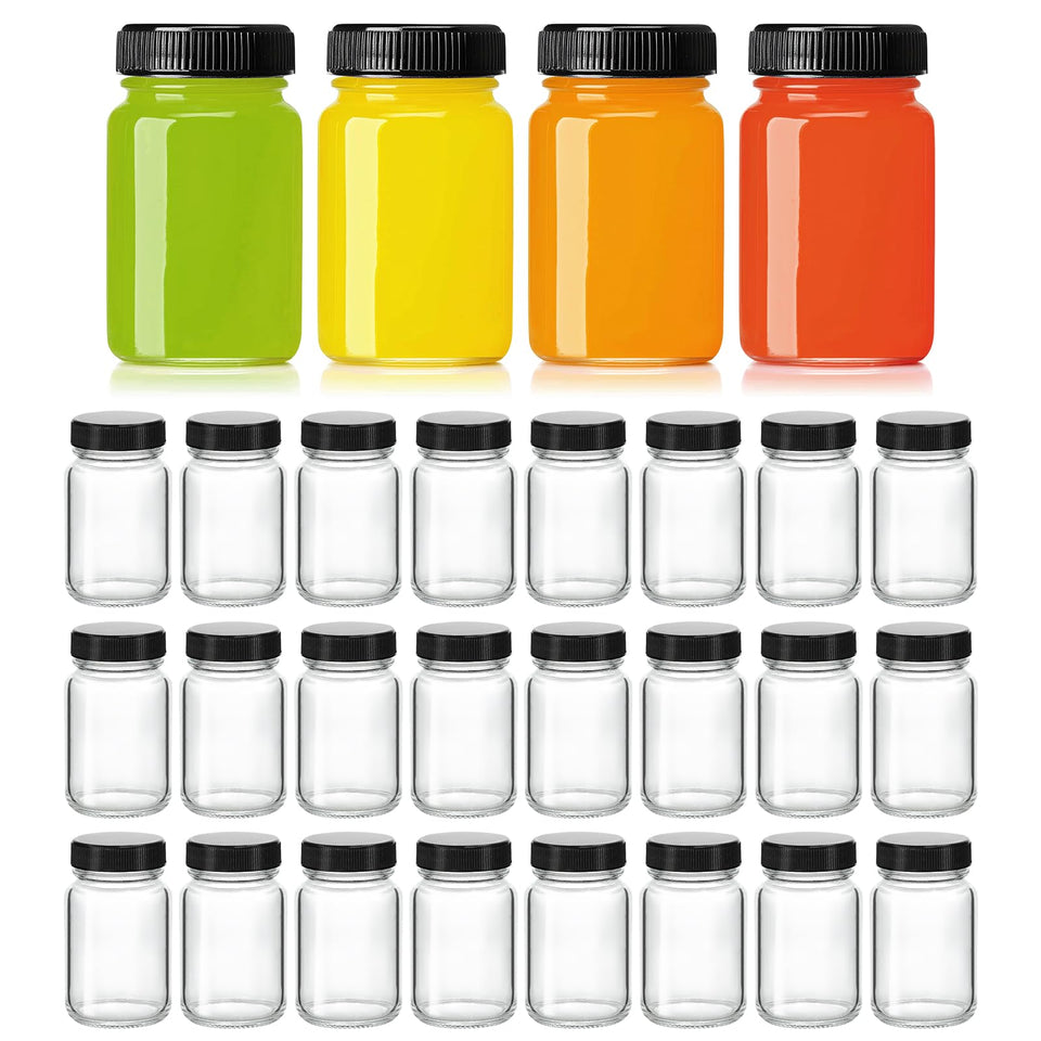 KeyWING 28-pack 2oz glass shot bottles with lids for portable use.