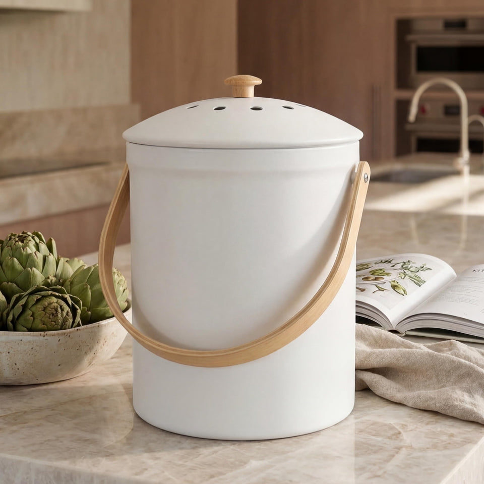 KIBAGA countertop compost bin with wooden handle for easy daily use.