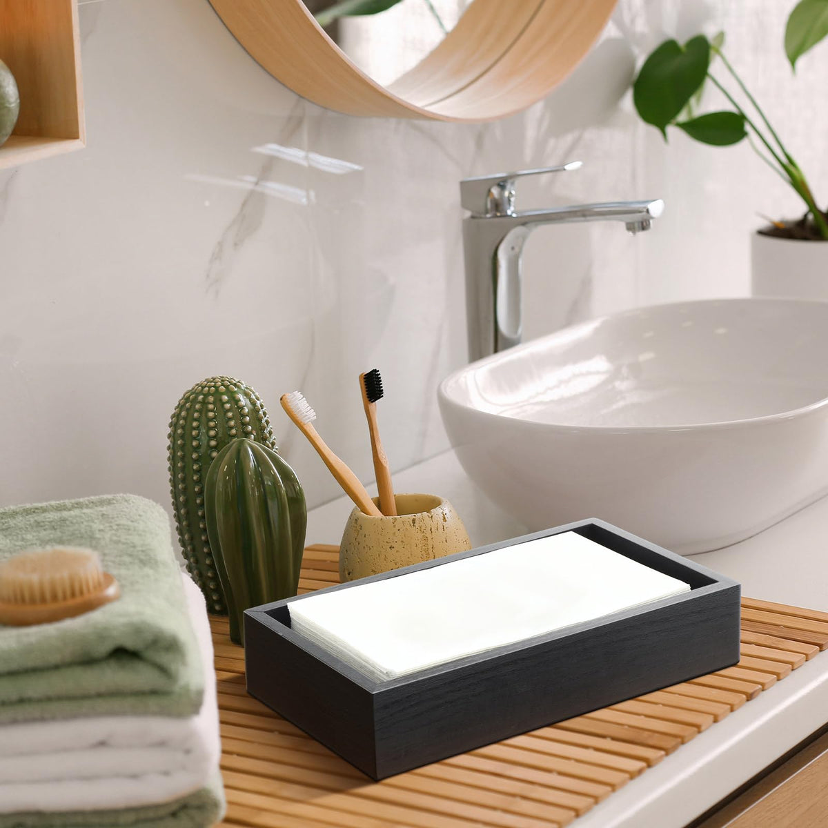 Kigley 2-inch towel tray on counter ready for guest towels