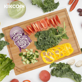 Kikcoin extra large cutting board ideal for family meals.